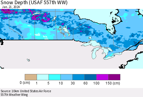 Canada Snow Depth (USAF 557th WW) Thematic Map For 1/15/2024 - 1/21/2024