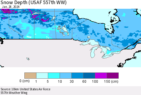 Canada Snow Depth (USAF 557th WW) Thematic Map For 1/22/2024 - 1/28/2024