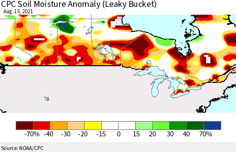 Canada CPC Soil Moisture Anomaly (Leaky Bucket) Thematic Map For 8/11/2021 - 8/15/2021