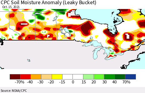 Canada CPC Soil Moisture Anomaly (Leaky Bucket) Thematic Map For 10/11/2021 - 10/15/2021