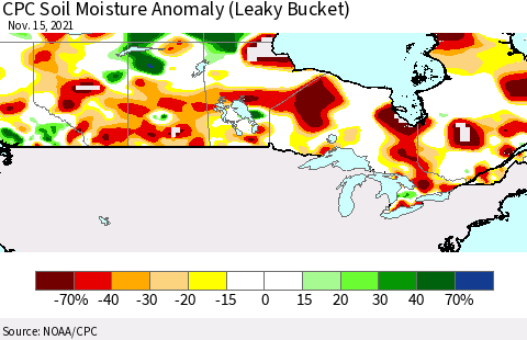 Canada CPC Soil Moisture Anomaly (Leaky Bucket) Thematic Map For 11/11/2021 - 11/15/2021