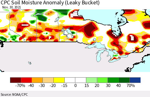 Canada CPC Soil Moisture Anomaly (Leaky Bucket) Thematic Map For 11/26/2021 - 11/30/2021