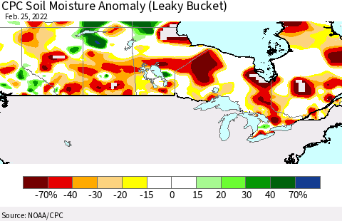 Canada CPC Soil Moisture Anomaly (Leaky Bucket) Thematic Map For 2/21/2022 - 2/25/2022