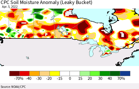 Canada CPC Soil Moisture Anomaly (Leaky Bucket) Thematic Map For 4/1/2022 - 4/5/2022