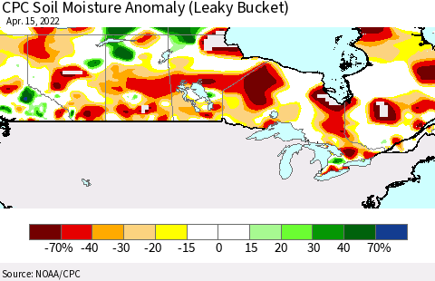 Canada CPC Soil Moisture Anomaly (Leaky Bucket) Thematic Map For 4/11/2022 - 4/15/2022
