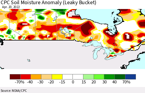 Canada CPC Soil Moisture Anomaly (Leaky Bucket) Thematic Map For 4/16/2022 - 4/20/2022