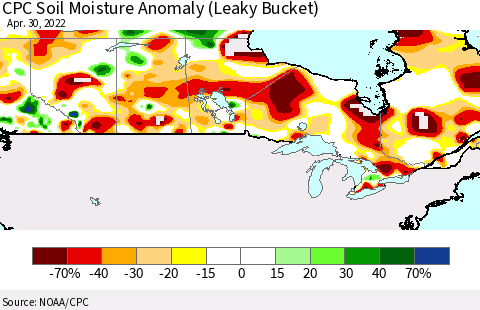 Canada CPC Soil Moisture Anomaly (Leaky Bucket) Thematic Map For 4/26/2022 - 4/30/2022
