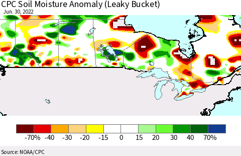 Canada CPC Soil Moisture Anomaly (Leaky Bucket) Thematic Map For 6/26/2022 - 6/30/2022