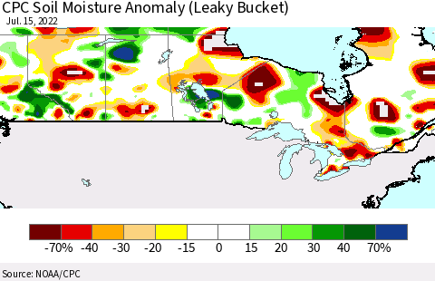 Canada CPC Soil Moisture Anomaly (Leaky Bucket) Thematic Map For 7/11/2022 - 7/15/2022