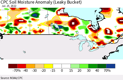 Canada CPC Soil Moisture Anomaly (Leaky Bucket) Thematic Map For 7/21/2022 - 7/25/2022