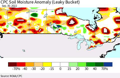 Canada CPC Soil Moisture Anomaly (Leaky Bucket) Thematic Map For 9/26/2022 - 9/30/2022