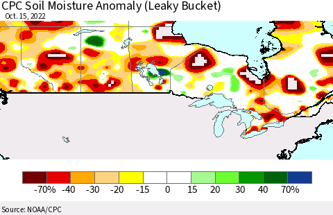 Canada CPC Soil Moisture Anomaly (Leaky Bucket) Thematic Map For 10/11/2022 - 10/15/2022
