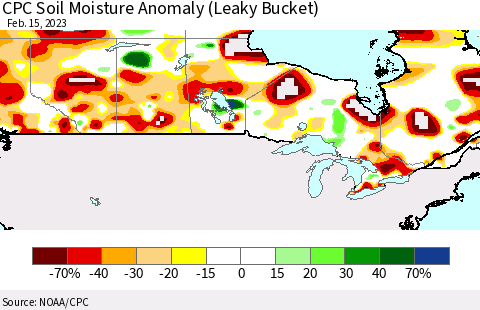 Canada CPC Soil Moisture Anomaly (Leaky Bucket) Thematic Map For 2/11/2023 - 2/15/2023