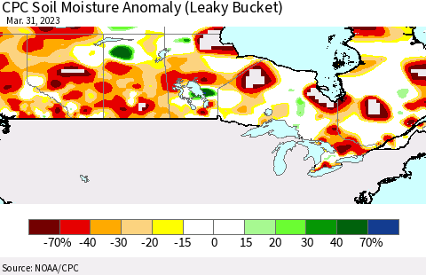 Canada CPC Soil Moisture Anomaly (Leaky Bucket) Thematic Map For 3/26/2023 - 3/31/2023