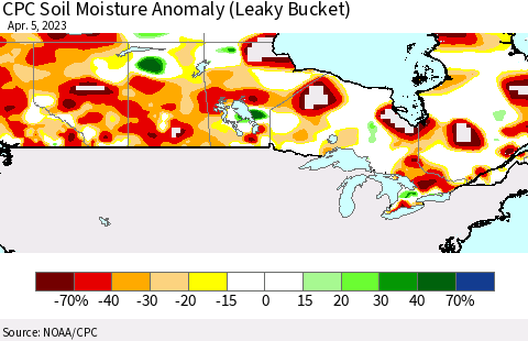 Canada CPC Soil Moisture Anomaly (Leaky Bucket) Thematic Map For 4/1/2023 - 4/5/2023