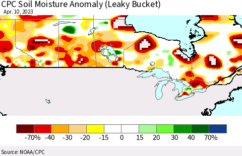 Canada CPC Soil Moisture Anomaly (Leaky Bucket) Thematic Map For 4/6/2023 - 4/10/2023
