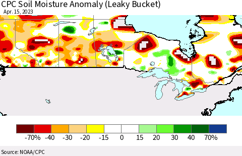 Canada CPC Soil Moisture Anomaly (Leaky Bucket) Thematic Map For 4/11/2023 - 4/15/2023