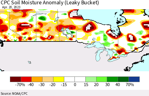 Canada CPC Soil Moisture Anomaly (Leaky Bucket) Thematic Map For 4/16/2023 - 4/20/2023