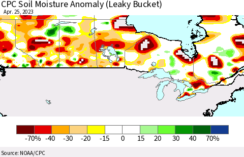 Canada CPC Soil Moisture Anomaly (Leaky Bucket) Thematic Map For 4/21/2023 - 4/25/2023