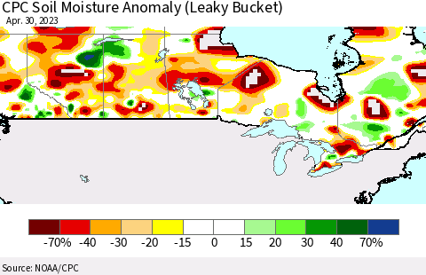 Canada CPC Soil Moisture Anomaly (Leaky Bucket) Thematic Map For 4/26/2023 - 4/30/2023