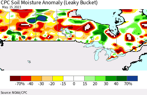 Canada CPC Soil Moisture Anomaly (Leaky Bucket) Thematic Map For 5/11/2023 - 5/15/2023
