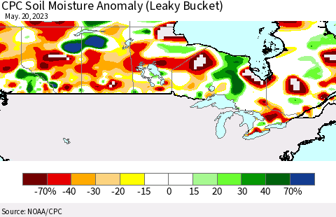 Canada CPC Soil Moisture Anomaly (Leaky Bucket) Thematic Map For 5/16/2023 - 5/20/2023