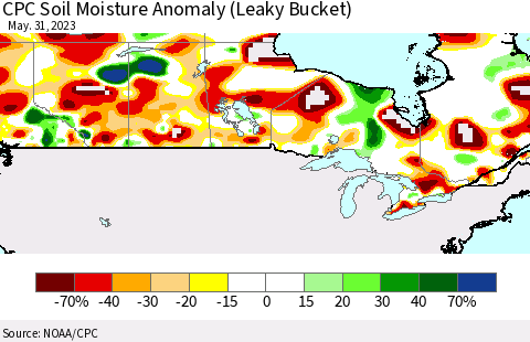 Canada CPC Soil Moisture Anomaly (Leaky Bucket) Thematic Map For 5/26/2023 - 5/31/2023
