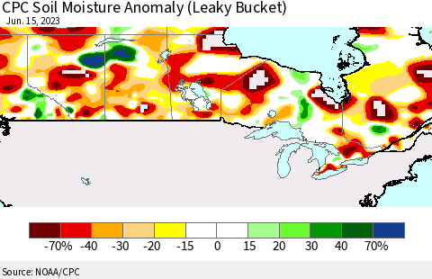 Canada CPC Soil Moisture Anomaly (Leaky Bucket) Thematic Map For 6/11/2023 - 6/15/2023