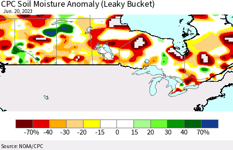 Canada CPC Soil Moisture Anomaly (Leaky Bucket) Thematic Map For 6/16/2023 - 6/20/2023