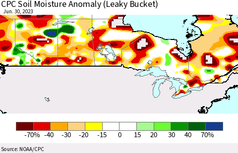 Canada CPC Soil Moisture Anomaly (Leaky Bucket) Thematic Map For 6/26/2023 - 6/30/2023