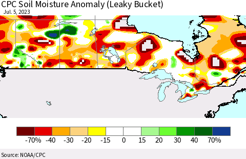Canada CPC Soil Moisture Anomaly (Leaky Bucket) Thematic Map For 7/1/2023 - 7/5/2023