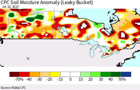 Canada CPC Soil Moisture Anomaly (Leaky Bucket) Thematic Map For 7/6/2023 - 7/10/2023