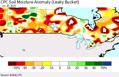 Canada CPC Soil Moisture Anomaly (Leaky Bucket) Thematic Map For 7/16/2023 - 7/20/2023