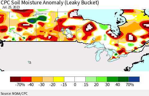 Canada CPC Soil Moisture Anomaly (Leaky Bucket) Thematic Map For 7/21/2023 - 7/25/2023