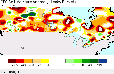 Canada CPC Soil Moisture Anomaly (Leaky Bucket) Thematic Map For 7/26/2023 - 7/31/2023