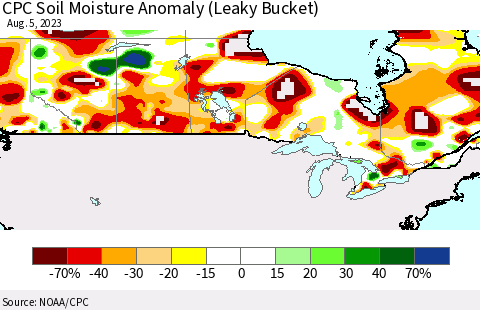 Canada CPC Soil Moisture Anomaly (Leaky Bucket) Thematic Map For 8/1/2023 - 8/5/2023