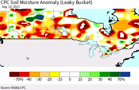 Canada CPC Soil Moisture Anomaly (Leaky Bucket) Thematic Map For 8/6/2023 - 8/10/2023