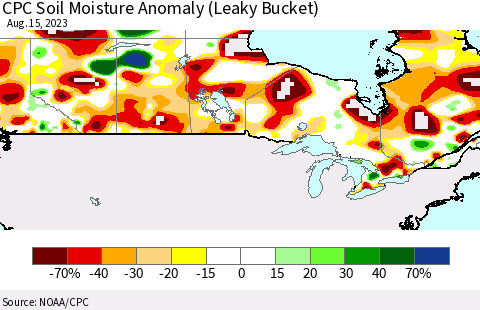 Canada CPC Soil Moisture Anomaly (Leaky Bucket) Thematic Map For 8/11/2023 - 8/15/2023