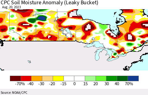 Canada CPC Soil Moisture Anomaly (Leaky Bucket) Thematic Map For 8/16/2023 - 8/20/2023