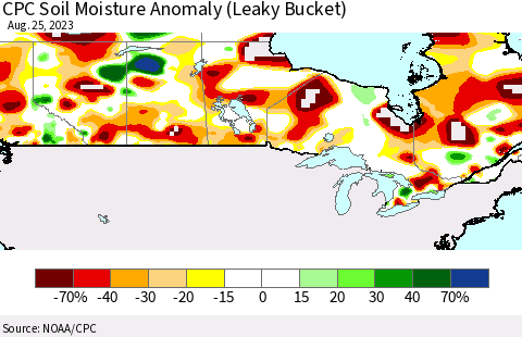 Canada CPC Soil Moisture Anomaly (Leaky Bucket) Thematic Map For 8/21/2023 - 8/25/2023