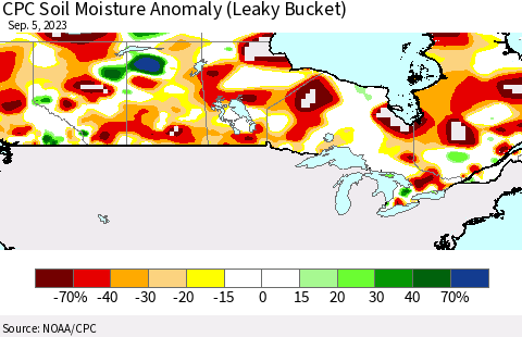 Canada CPC Soil Moisture Anomaly (Leaky Bucket) Thematic Map For 9/1/2023 - 9/5/2023