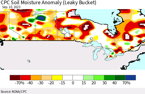 Canada CPC Soil Moisture Anomaly (Leaky Bucket) Thematic Map For 9/6/2023 - 9/10/2023