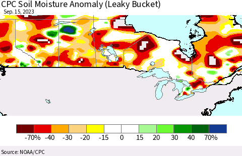 Canada CPC Soil Moisture Anomaly (Leaky Bucket) Thematic Map For 9/11/2023 - 9/15/2023