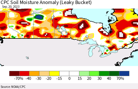 Canada CPC Soil Moisture Anomaly (Leaky Bucket) Thematic Map For 9/16/2023 - 9/20/2023