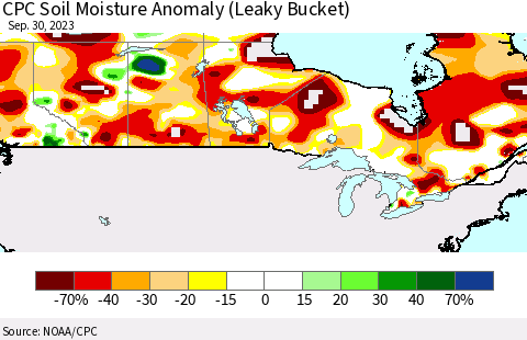 Canada CPC Soil Moisture Anomaly (Leaky Bucket) Thematic Map For 9/26/2023 - 9/30/2023