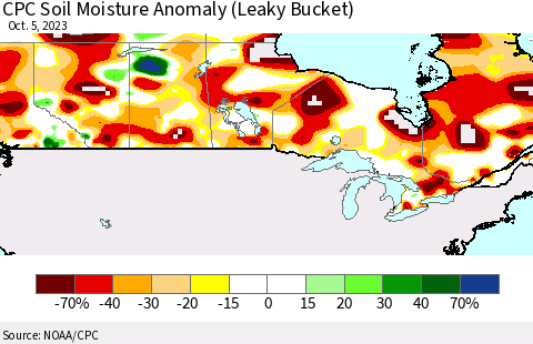Canada CPC Soil Moisture Anomaly (Leaky Bucket) Thematic Map For 10/1/2023 - 10/5/2023