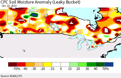 Canada CPC Soil Moisture Anomaly (Leaky Bucket) Thematic Map For 10/6/2023 - 10/10/2023