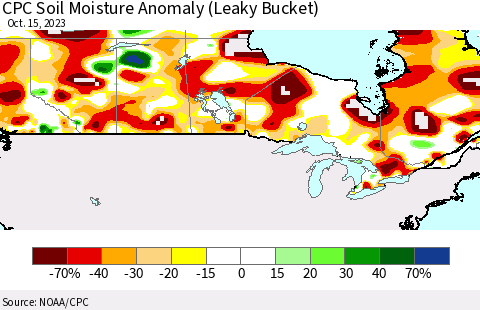 Canada CPC Soil Moisture Anomaly (Leaky Bucket) Thematic Map For 10/11/2023 - 10/15/2023