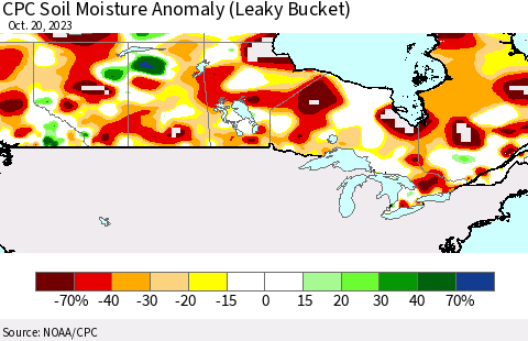 Canada CPC Soil Moisture Anomaly (Leaky Bucket) Thematic Map For 10/16/2023 - 10/20/2023