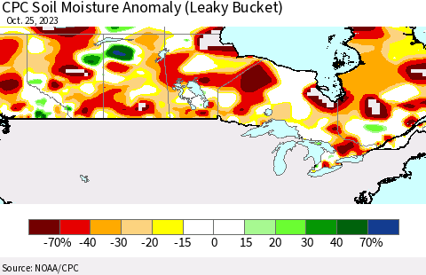 Canada CPC Soil Moisture Anomaly (Leaky Bucket) Thematic Map For 10/21/2023 - 10/25/2023